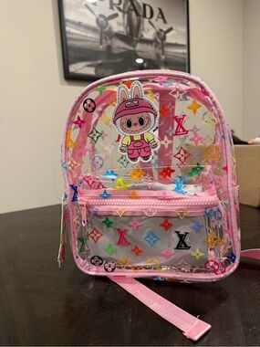 Unlisted Pink Clear Bunny Mini Backpack with Multicolor Monogram Print